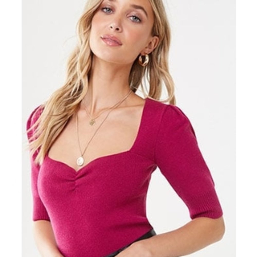 Forever 21 Ruched Puff Sleeve Sweater , Magenta S